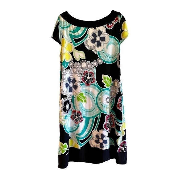 SANGRIA, SHIFT DRESS. BRIGHTLY COLORED PRINT WITH BLACK BANDED NECKLINE. SIZE 14 - Picture 2 of 7